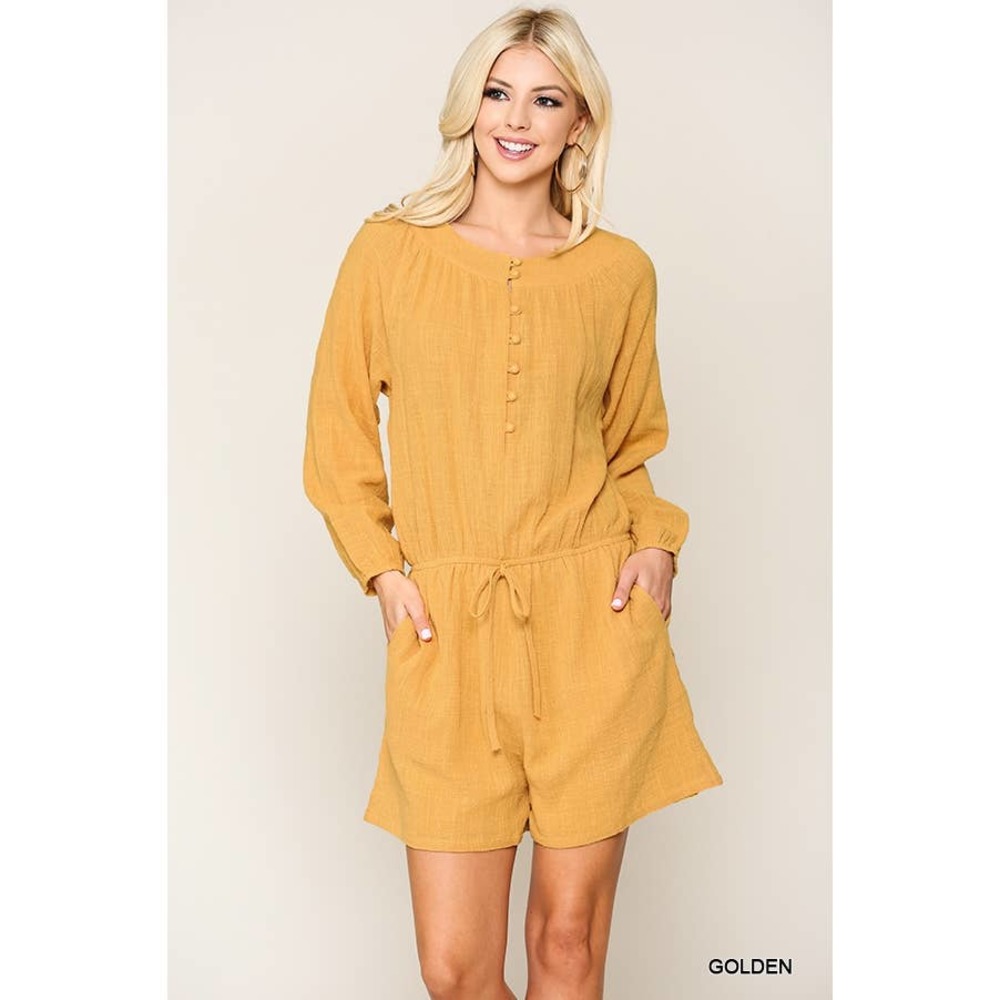 Mustard Peasant Button Down Romper